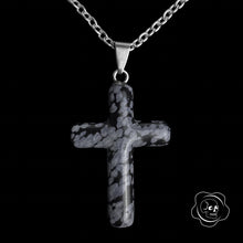 Load image into Gallery viewer, Snowflake Obsidian Cross Necklace
