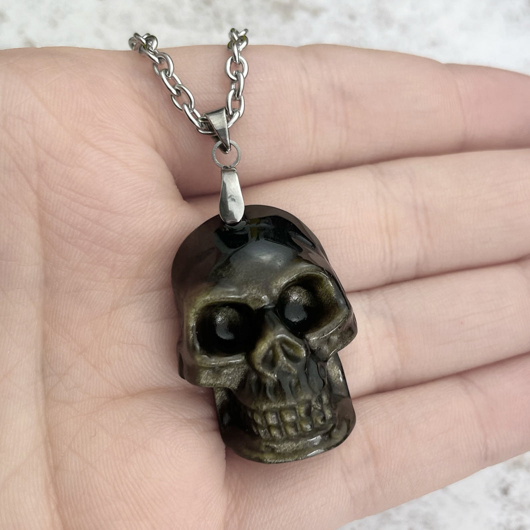 Golden Obsidian Skull Necklace